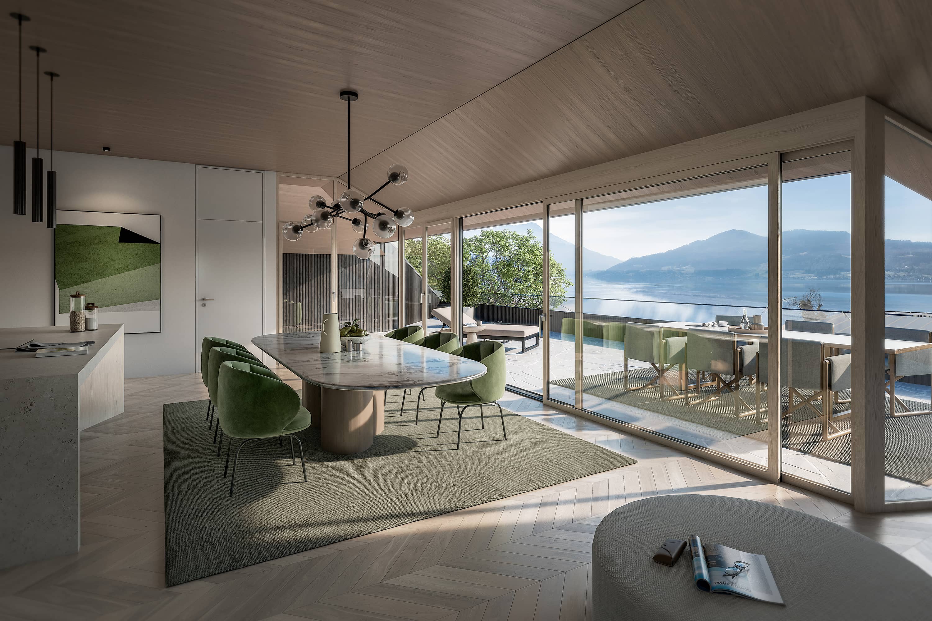 Chandlers Reside Wohnzimmer und Terrasse mit Blick auf den Attersee