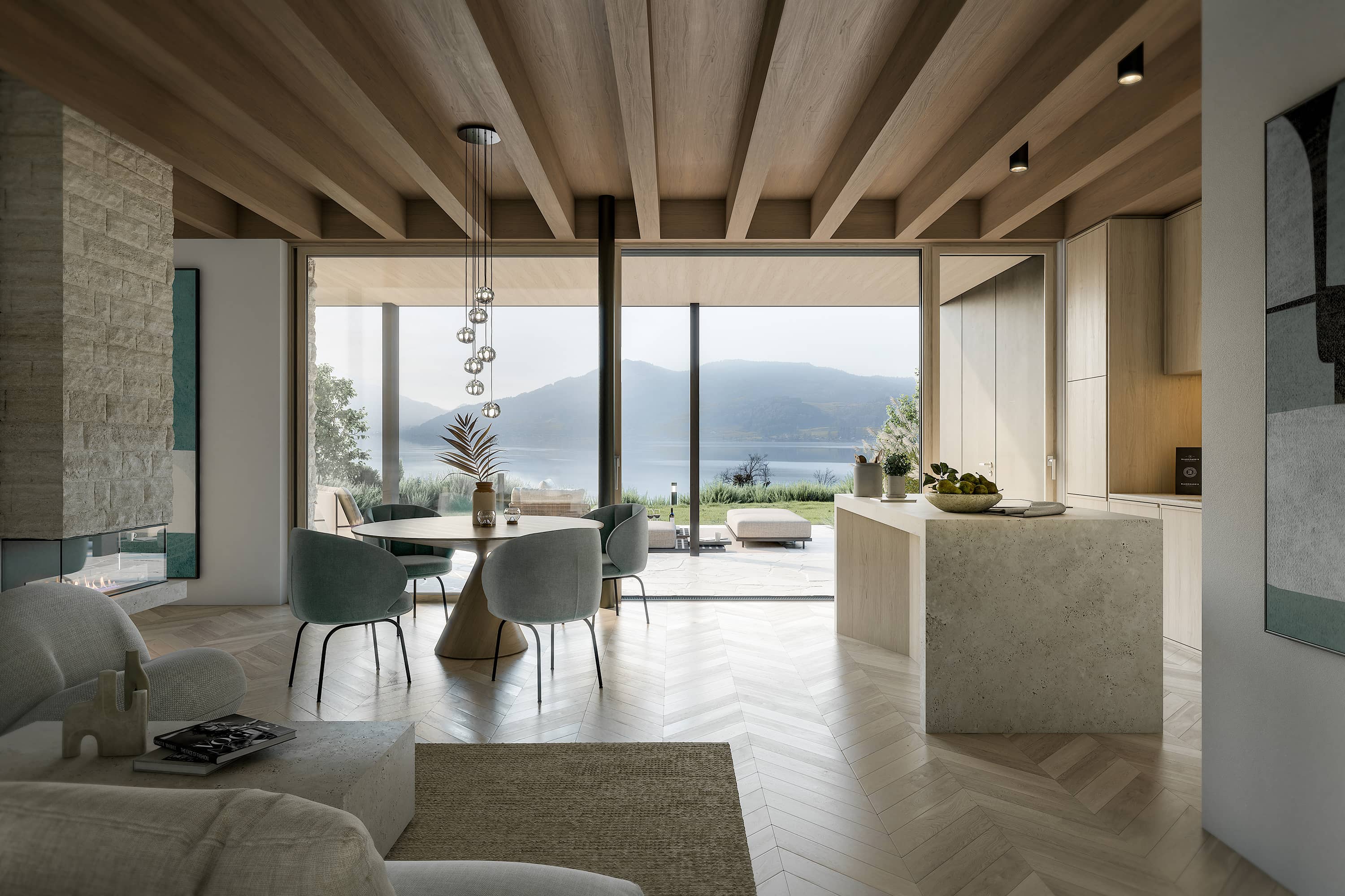 Chandlers Reside Wohnzimmer mit Blick über die Terasse auf den Attersee