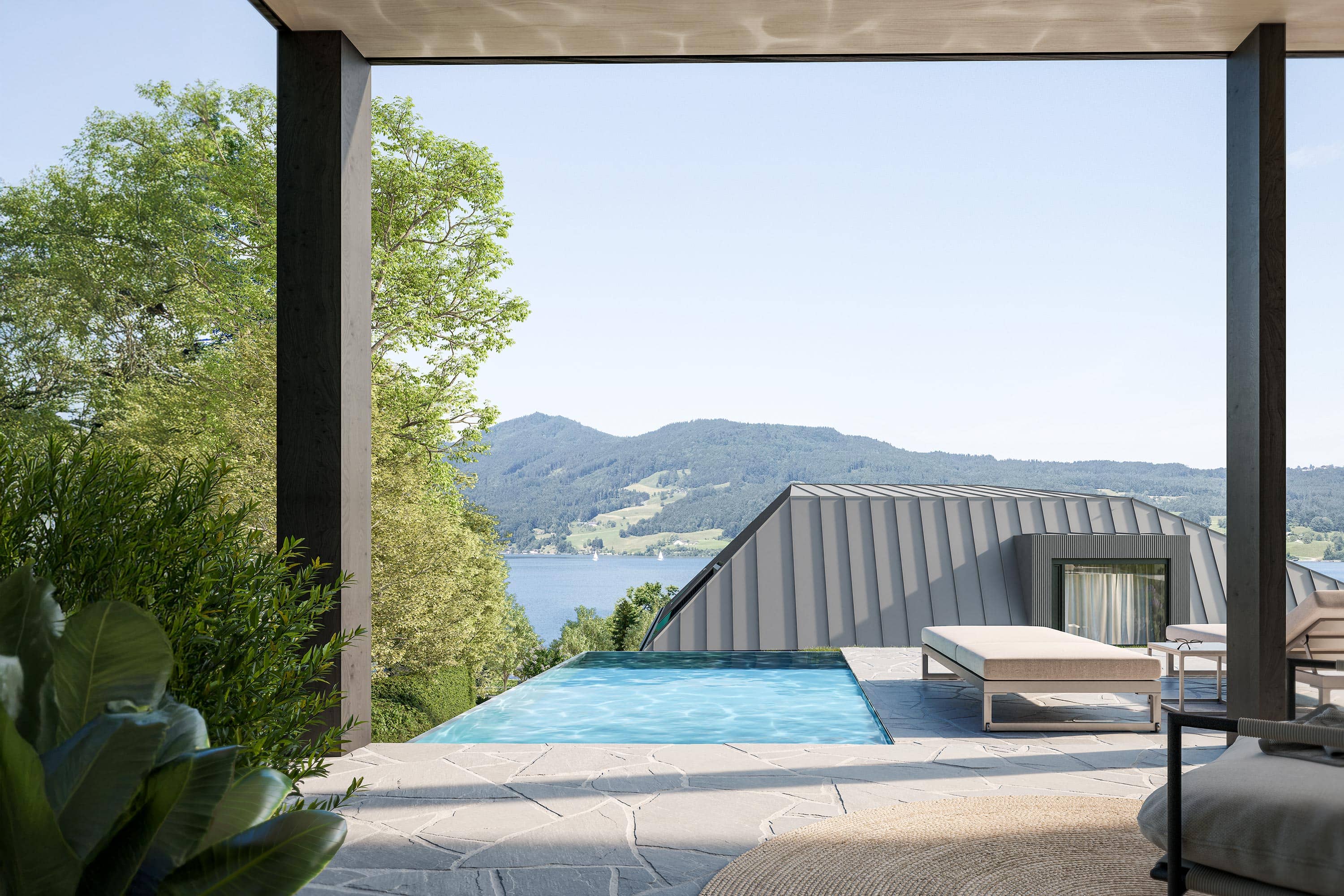 Chandlers Reside Terrasse mit Blick auf den Attersee